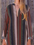 Retro Elegant Casual Loose V-Neck Long-Sleeved T-Striped Maxi  Dress