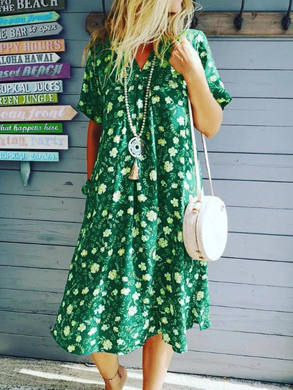 Short-sleeved V-neck Printed Loose Midi Dress