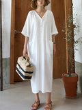 Simple Solid Color V-Neck Slit Loose Cotton Linen Lazy Maxi Dress
