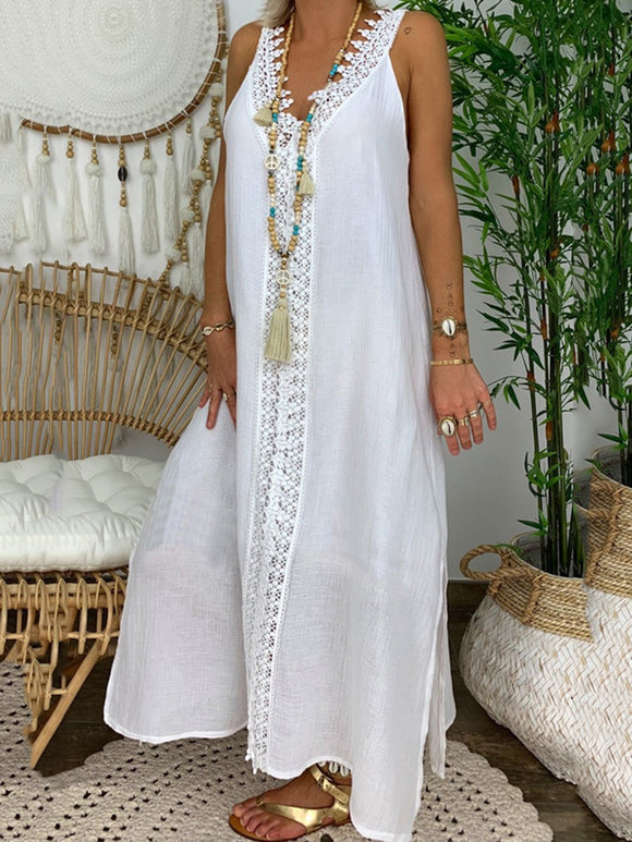 V-neck Sleeveless Lace-paneled Maxi Dress