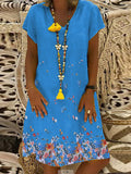 Short Sleeve V-Neck Floral Print Loose Cotton Linen Dress