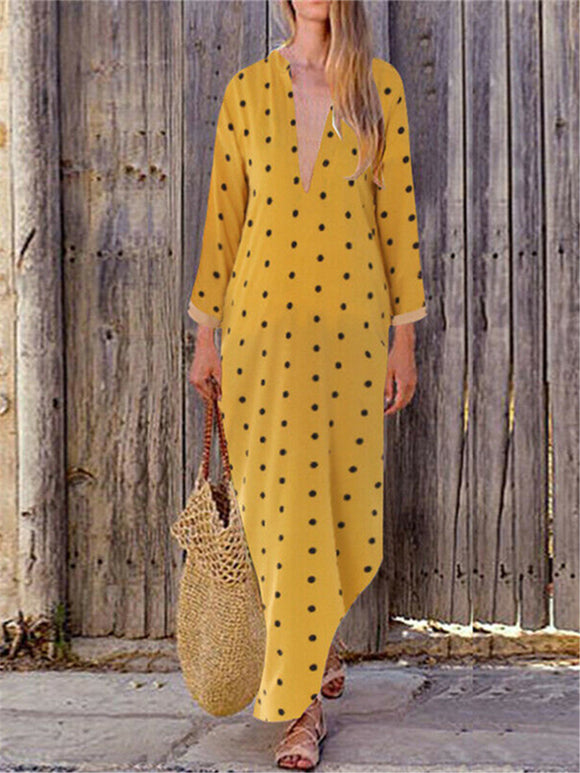 Retro Elegant Casual Loose V-Neck Long Sleeve Polka Dot Maxi Dress