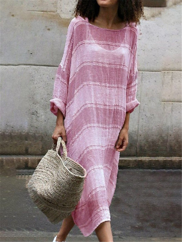 Striped Long Sleeve Round Neck Casual Dresses