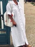 Long-sleeved Cotton and Linen Side Split Breasts Maxi Dress
