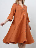 V-Neck Cotton and Linen One-Button Casual Dress