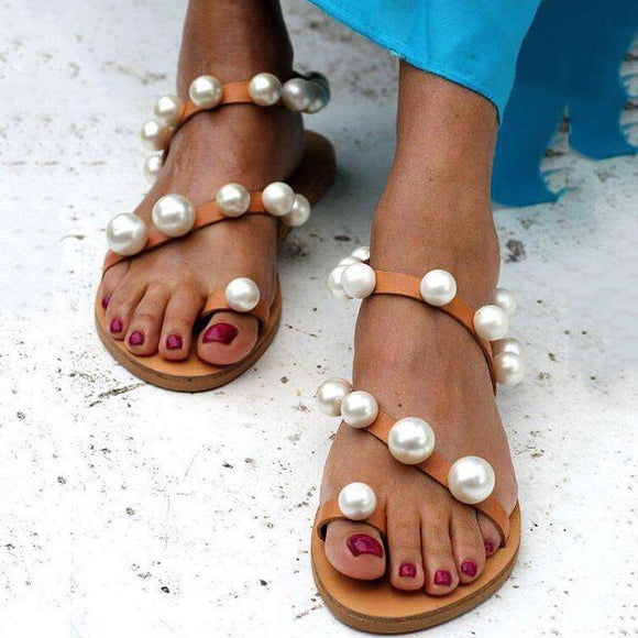 Fashion Vintage Pearl Flip-Flop Flat Sandals