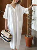 Simple Solid Color V-Neck Slit Loose Cotton Linen Lazy Maxi Dress