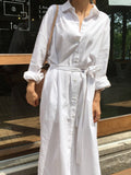 French Style White Lace-up Long Shirt Dress