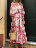 Mid-sleeve Round Neck Printed Loose Maxi Dresses