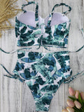 Vintage High Waist Cutout Bikini Tropical Leaf Print Open-back Swimsuit