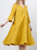 V-Neck Cotton and Linen One-Button Casual Dress