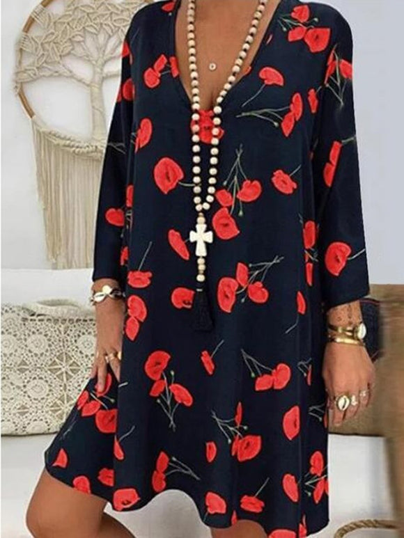 Bohemian Long Sleeve V-Neck Print Dress
