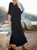 V-Neck Pleated Large Plus Size Cotton And Linen Maxi Dress