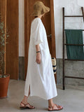 Simple Solid Color V-Neck Slit Loose Cotton Linen Lazy Maxi Dress
