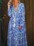 V-neck Floral Printed Long-sleeved Loose Maxi Dress