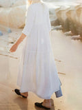 V-Neck Pleated Large Plus Size Cotton And Linen Maxi Dress