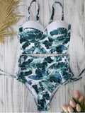 Vintage High Waist Cutout Bikini Tropical Leaf Print Open-back Swimsuit