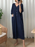 Simple Solid Color V-Neck Slit Loose Cotton Linen Lazy Maxi Dress