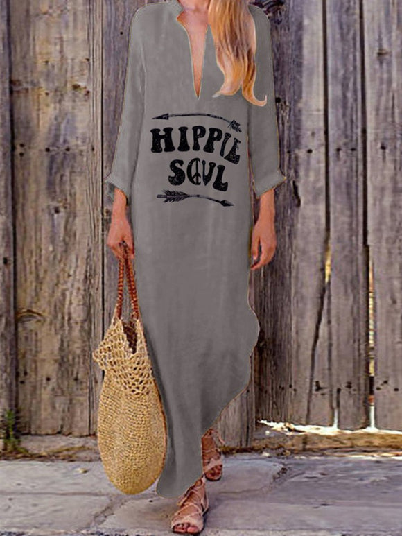 Solid Color V-Neck Print Long Sleeve Casual  Dress