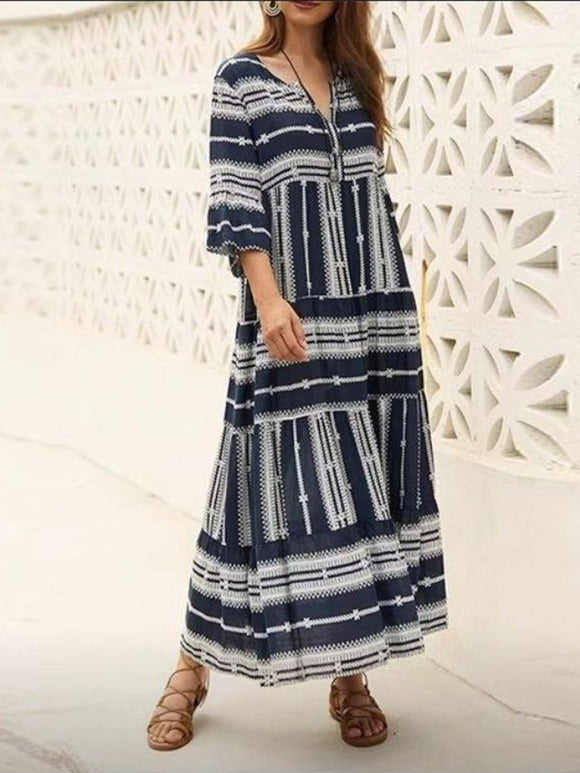 Vintage Casual Loose Striped Print Maxi Dress