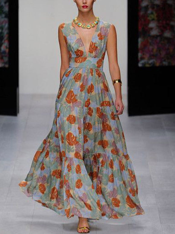 Sexy Deep V Printed Long Sleeve Dress