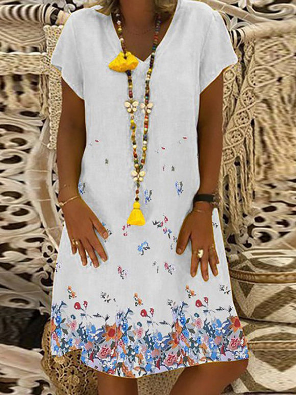 Short Sleeve V-Neck Floral Print Loose Cotton Linen Dress