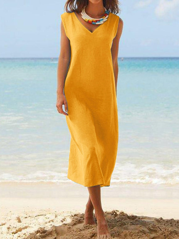 Sleeveless V-Neck Multicolor Long Midi Dress