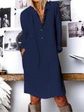 V-neck Cotton Linen Long Sleeve Midi Dress