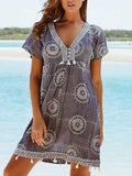 V-neck Breasted Fringed Print Short Sleeves Mini Dresses
