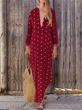 Retro Elegant Casual Loose V-Neck Long Sleeve Polka Dot Maxi Dress