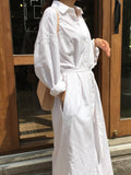 French Style White Lace-up Long Shirt Dress