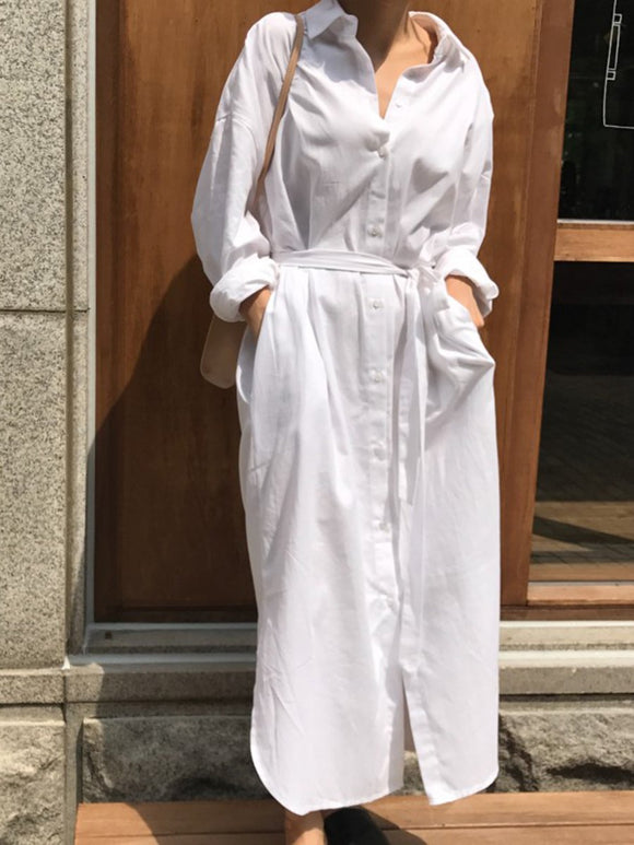French Style White Lace-up Long Shirt Dress