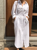 French Style White Lace-up Long Shirt Dress