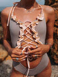 One-piece Solid Color Lace-up Cutout Sexy Swimsuit