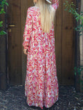 V-neck Floral Printed Long-sleeved Loose Maxi Dress