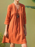 Solid Color Sleeve V-Neck Casual Dress