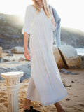 V-Neck Pleated Large Plus Size Cotton And Linen Maxi Dress