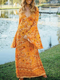 Bohemian Vintage Print Long Sleeve V-neck Flare Sleeve Slim Dress