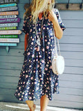 Short-sleeved V-neck Printed Loose Midi Dress