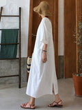 Simple Solid Color V-Neck Slit Loose Cotton Linen Lazy Maxi Dress