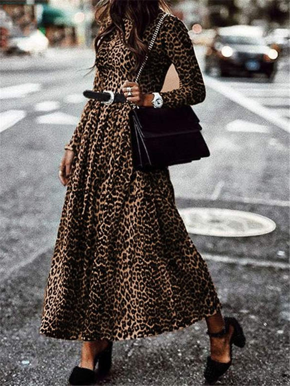 Fashion Vintage Elegant Leopard Print Maxi Dress