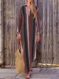 Retro Elegant Casual Loose V-Neck Long-Sleeved T-Striped Maxi  Dress