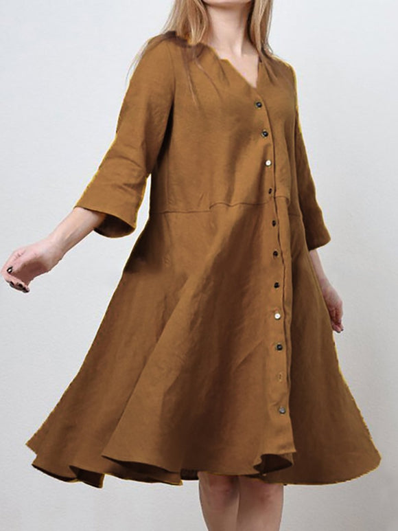 V-Neck Cotton and Linen One-Button Casual Dress