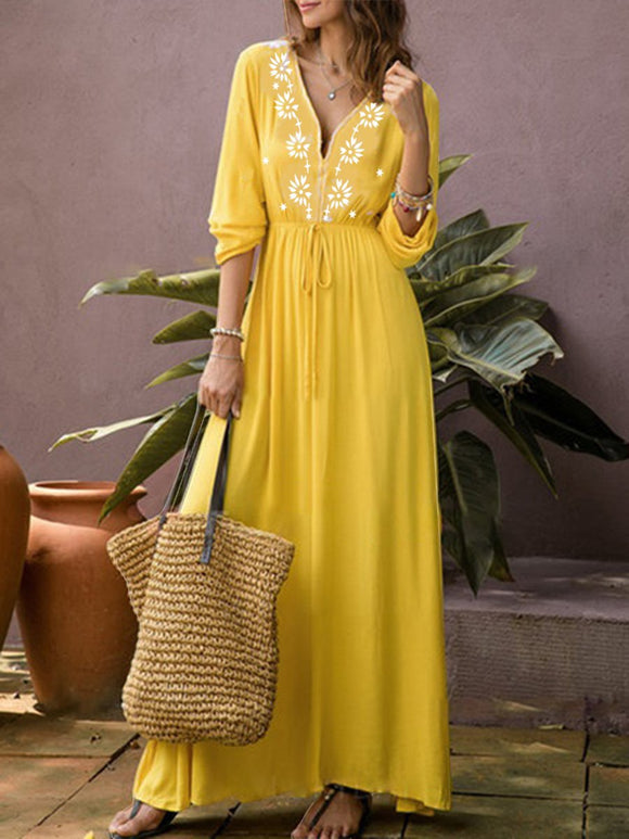 Bohemian Retro Casual Loose V-Neck Maxig Dress