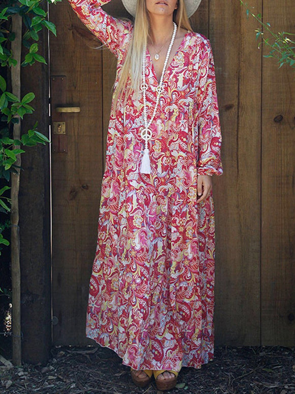 V-neck Floral Printed Long-sleeved Loose Maxi Dress