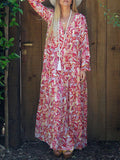 V-neck Floral Printed Long-sleeved Loose Maxi Dress