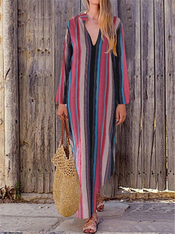 Retro Elegant Casual Loose V-Neck Long-Sleeved T-Striped Maxi  Dress