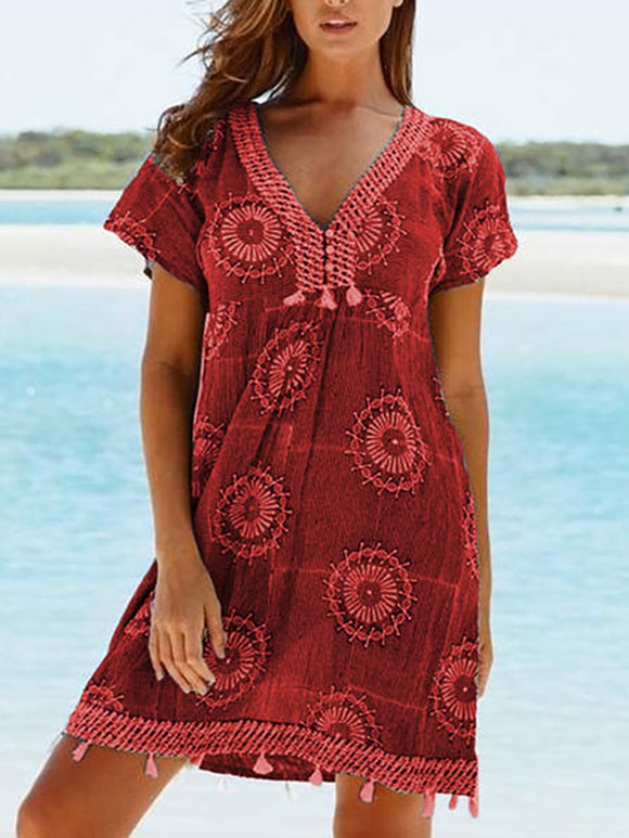 V-neck Breasted Fringed Print Short Sleeves Mini Dresses