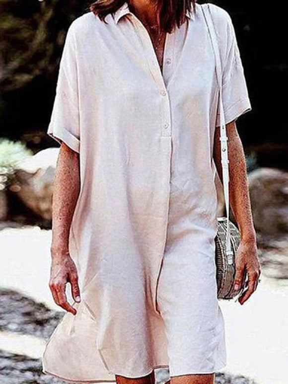 V-Neck Solid Color Short Sleeve Dress